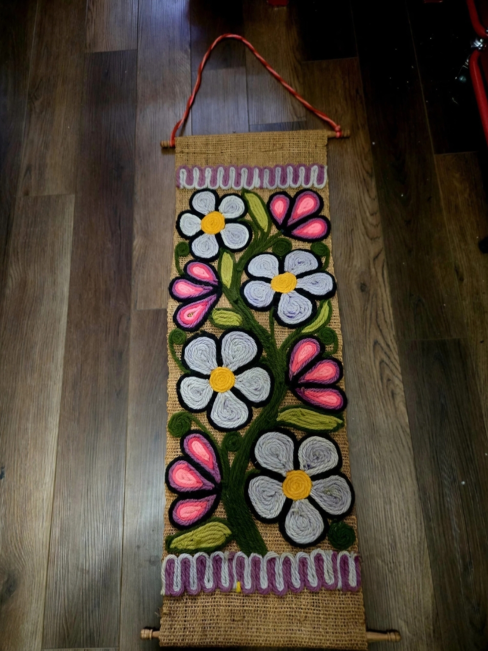 Bohemian  Handmade Vintage 1970's  Burlap & Yarn Wall Art  Hanging Tapestry 38"